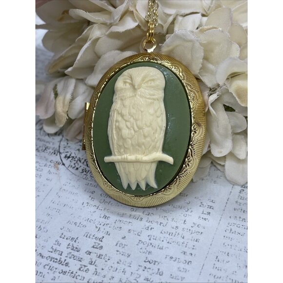 Ylw Gold Photo Locket Necklace Birthday Gift Green Owl Barn Tree Hoot Fall Mom - Picture 3 of 10